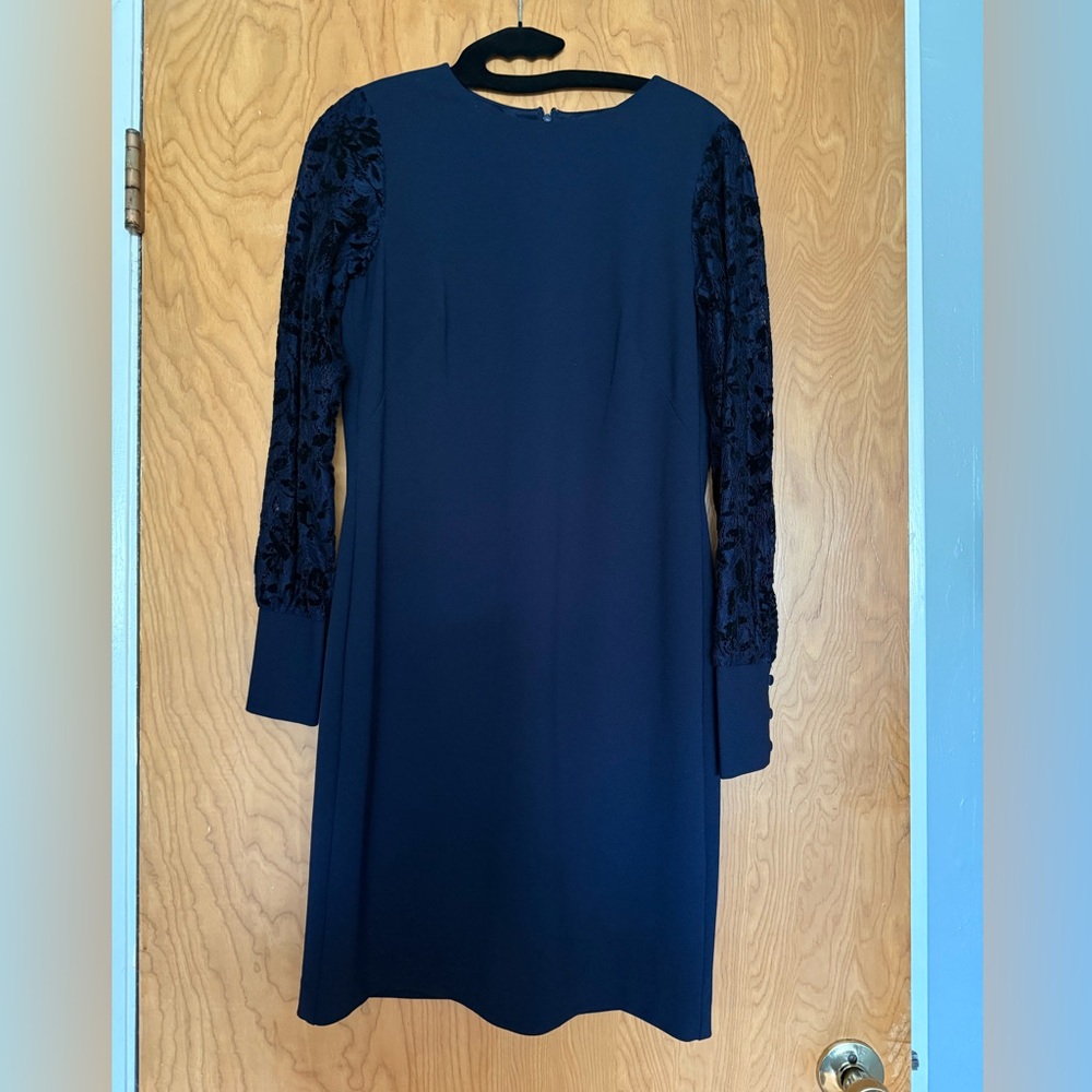 Navy blue, size 2 Lauren Ralph Lauren cocktail dress, knee length, lace sleeves.